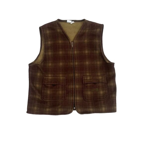 Vintage The North Face Fleece Brown Plaid Vest Jacket Made in USA Mens L - Picture 1 of 9